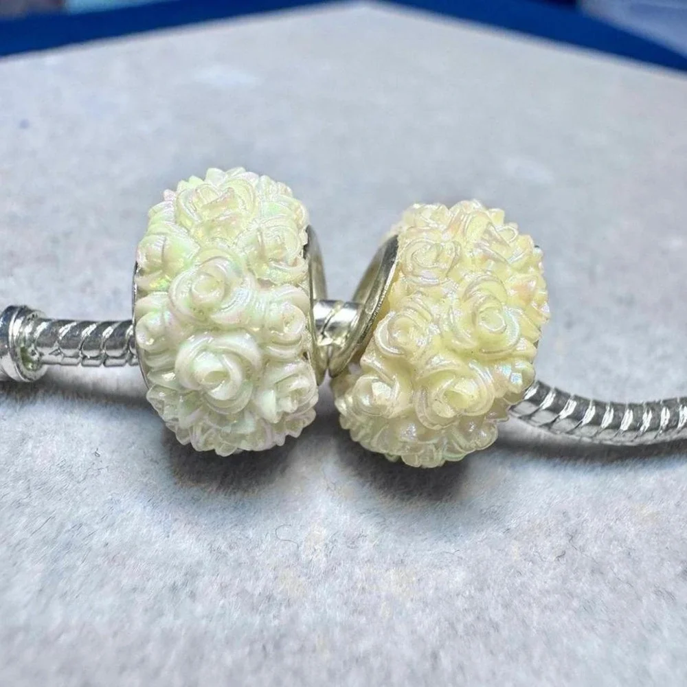 2Pcs Iridescent Yellow Rose Flower Beads Charm fits PANDORA